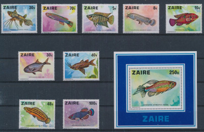 ZAIR-PESTI-Lot de 9 timbre si colita nestampilate foto