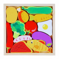 Puzzle 3D educativ Montessori cu alimente, Onore, multicolor, lemn, 16.5 x 16.5 cm, 12 piese