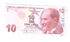 Bancnota Turcia 10 lire 2022, seria F, stare buna
