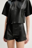 Stand Studio pantaloni scurti de piele Paulin femei, culoarea negru, neted, high waist, 66446-7870
