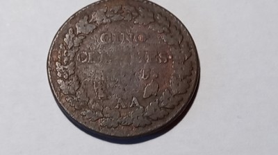 MONEDA FRANTA 5 CENTIMES L&amp;#039;AN 5 AA (1796) - PRIMII ANI DUPA REVOLUTIA FRANCEZA foto