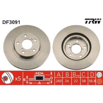 Set discuri frana Subaru: Impreza (Gc), Legacy 1 (Bc), Legacy 2 (Bd), Legacy 3 (Be), SVX (Cx)., punte fata, 260x24, ventilat, TRW foto