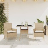 VidaXL Set mobilier de grădină cu perne 3 piese bej poliratan &amp; sticlă