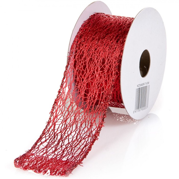 Panglică Decorativă Crăciun, Model Plasă, Lungime 5m, Lățime 38mm, Culoare Roșu, Material Poliester