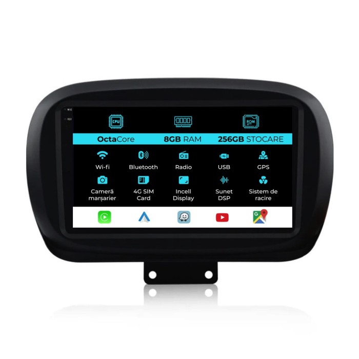 Navigatie Dedicata Fiat 500x (2014-2020), 9Inch, 8Gb Ram, 256Gb Stocare, Carplay