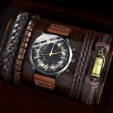 Cumpara ieftin Set Cadou Barbati: Ceas Shaarms 8159, 4 Bratari Piele Eco Maro, Cutie Elegantă. Quartz, Analog, Stil Elegant. Cadou Aniversare/Craciun