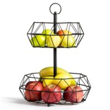 Cos pentru fructe din metal, 2 nivele, negru, design geometric, 32 cm