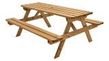 Cumpara ieftin Set Mobilier Gradina GoodHome, Masa cu Suport Umbrela + 2 Banci, Lemn Maro, 6 Persoane, Exterior