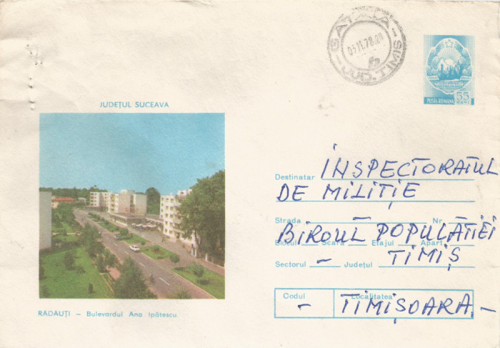 Romania, Radauti, Bulevardul Ana Ipatescu, plic circulat, 1978