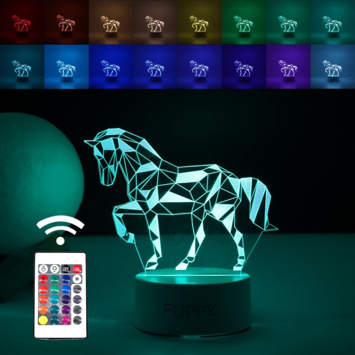 Lampa led decorativa, flippy, 3d, cal, cu telecomanda, doua moduri de alimentare usb si baterii, 20 cm inaltime, din material acril si lumina multicol