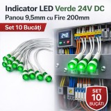 Indicator LED Verde 24V DC Panou 9,5mm cu Fire 20cm Set 10 Bucati