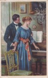 Ilustratie cu un cuplu elegant in haine de seara, in jurul unui pian cu