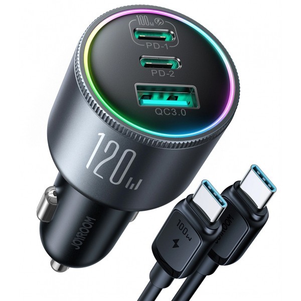 Incarcator Auto Cu Cablu USB-C Joyroom JR-CCN07, 120W, 5A, 1 x USB-A - 2 x USB-C, Negru