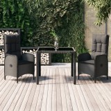 vidaXL Set mobilier de grădină cu perne, 3 piese, negru, poliratan 3185053