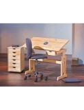 Set birou ergonomic pentru copii HM Julia, inaltime reglabila, unghi inclinare ajustabil, lemn si dulapior HM Nils, roti, sertare, natur