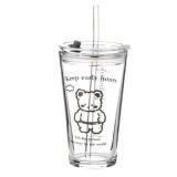 Cumpara ieftin Cana din sticla transparenta Pufo Bear pentru cafea cu capac, 450 ml