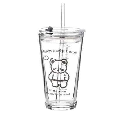 Cana din sticla transparenta Pufo Bear pentru cafea cu capac, 450 ml foto