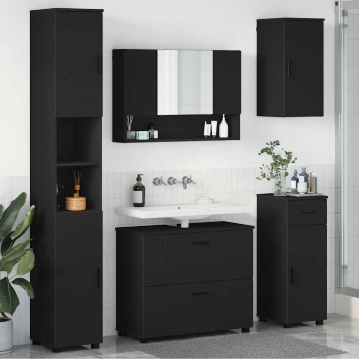 vidaXL Set de mobilier pentru baie cu ușă 5 pcs Negru 30 x 35 x 192 cm 3393074