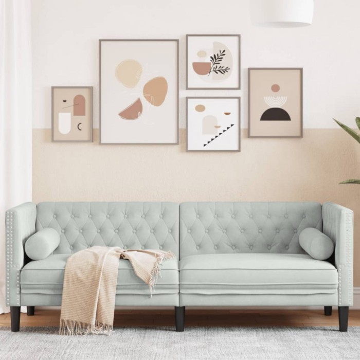 Gossi canapea chesterfield cu pernute/3 locuri, gri deschis, catifea