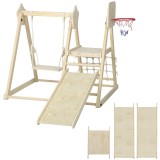 AIYAPLAY Set de Cățărare 5 &icirc;n 1 cu Tobogan, 2 Pereți de Cățărare, Leagăn și Coș de Baschet, din Lemn, 140x172.5x116.5 cm | Aosom Romania