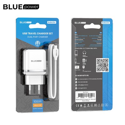 Incarcator Retea cu cablu MicroUSB BLUE Power BMBA25A Outstanding, 2 X USB, 2.4 A, Alb foto