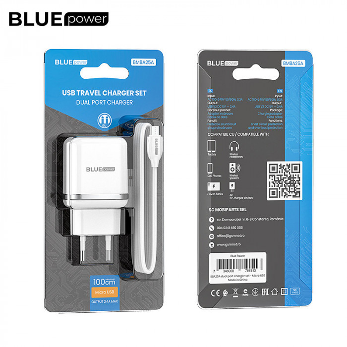 Incarcator Retea cu cablu MicroUSB BLUE Power BMBA25A Outstanding, 2 X USB, 2.4 A, Alb