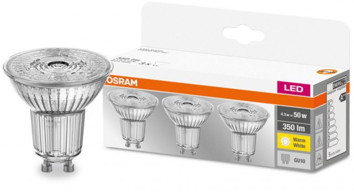 Bulb OSRAM BASIC LED GU10 50 (ean8392) 36&deg; 4,3W/840 4000K MULTIPACK bal. 3 buc, sticlă, Star CLASSIC