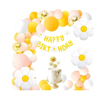 Set Decoratiuni Petrecere Aniversara, TrendiShop&amp;reg;, model Happy Birthday, Set 117 Baloane din Latex si Folie, Banere, Ghirlande si Accesorii, Galben, P foto