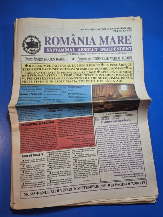 ziarul romania mare 28 septembrie 2001 - redactor sef corneliu vadim tudor