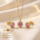 Set Safir Roz Delicat , cercei E i colier cu zirconia, placate cu aur 14K