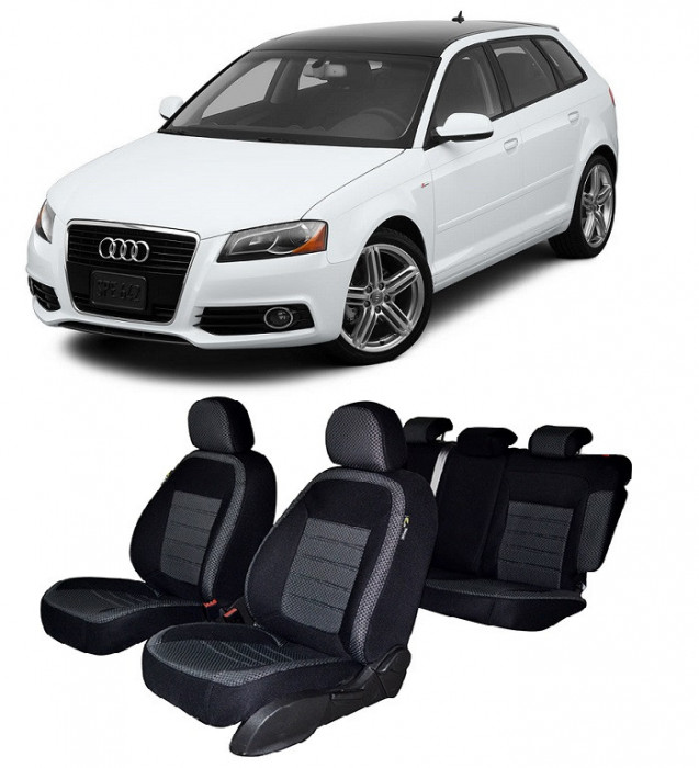 Set huse scaune AUDI A3 2012-2020 (BANCHETA FRACTIONATA) CU TETIERE SPATE IN FORMA DE L