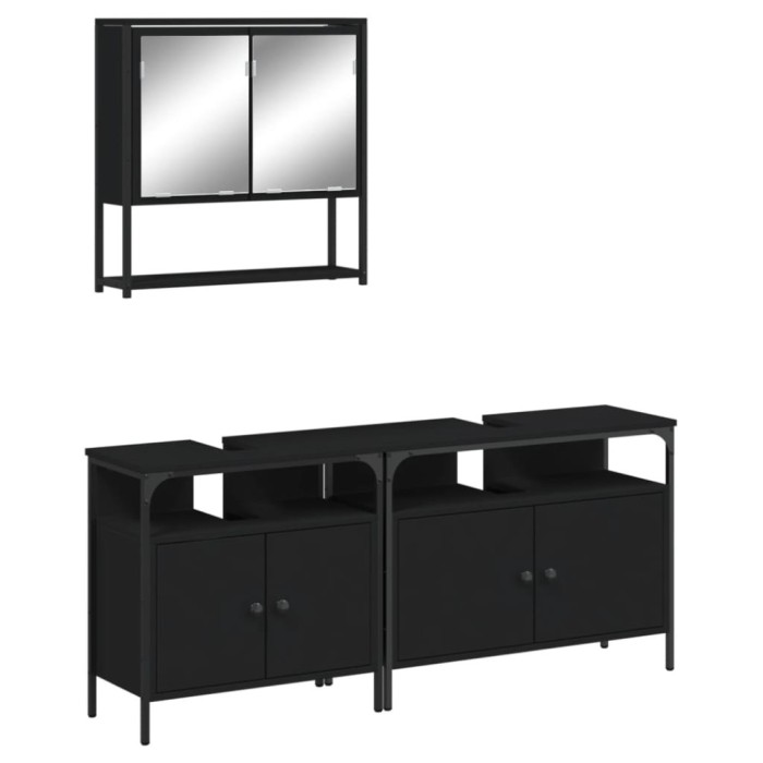 Set mobilier de baie, 3 piese, negru, lemn compozit