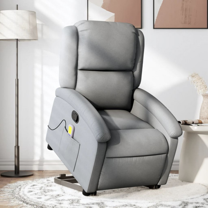 vidaXL Fotoliu de masaj rabatabil cu ridicare, gri deschis, textil