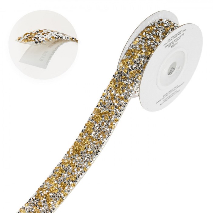 Bandă Adezivă Decorativă, 1m x 2cm, Strass Aurii și Argintii