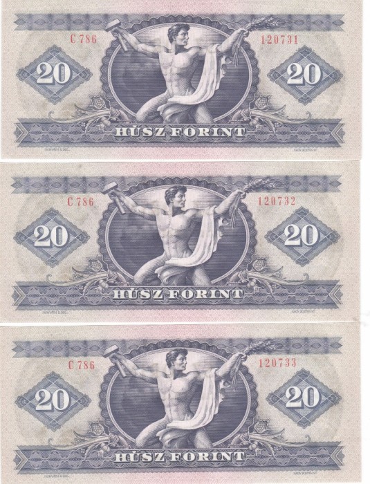 BANCNOTA 20 FORINTI / FORINT - UNGARIA / RP UNGARA, anul 1975 ,x3 SERIE CONSECUTIVA