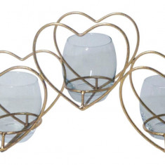 Suport pentru lumanari, Heart, Mauro Ferretti, 3 lumanari, 37.5x19 cm, fier/sticla