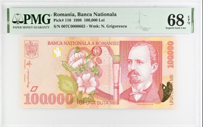 100000 lei 1998 PMG68 Top Pop Unc bancnota gradata foto
