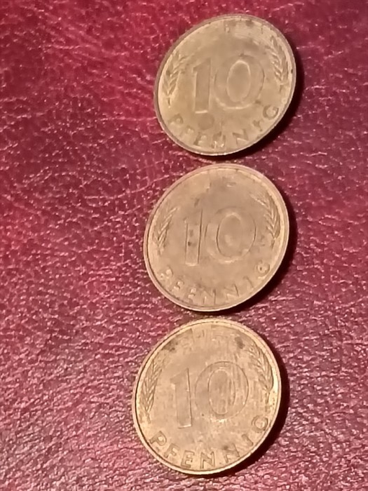 Lot 3 monede Germania: 10 pfennig 1990 D + G + J, stare UNC + Luciu [poze. Discount conform descriere [10 - 20 %. Vezi descrierea.].