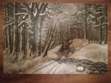 Tablou, Iarna &icirc;n pădure, ulei pe carton, 40x58 cm