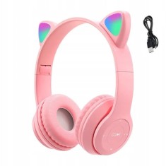 Casti Bluetooth LED RGB, model urechi de pisica, incarcare USB, slot card memorie, roz