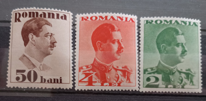 ROMANIA 1934 LP 108 Carol II FARA POSTA serie scurta 3v mnh