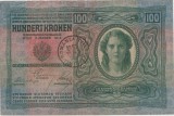 AUSTRIA UNGARIA 100 COROANE KRONEN 1912 TIMBRU SPECIAL PE PARTEA AUSTRIACA VF