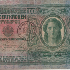 AUSTRIA UNGARIA 100 COROANE KRONEN 1912 TIMBRU SPECIAL PE PARTEA AUSTRIACA VF