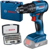 Bosch GSB 185-LI + 2607017319 - Masina de gaurit si insurubat cu percutie 50 Nm valiza plastic + Set capete de insurubare mixte 32 bucati
