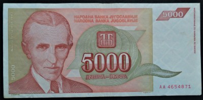 Bancnota 5000 DINARI / DINARA - YUGOSLAVIA, anul 1993 * cod 242 foto
