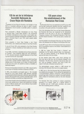 135 de ani Crucea Rosie,carton filatelic,nr lista 1907a , Romania. foto