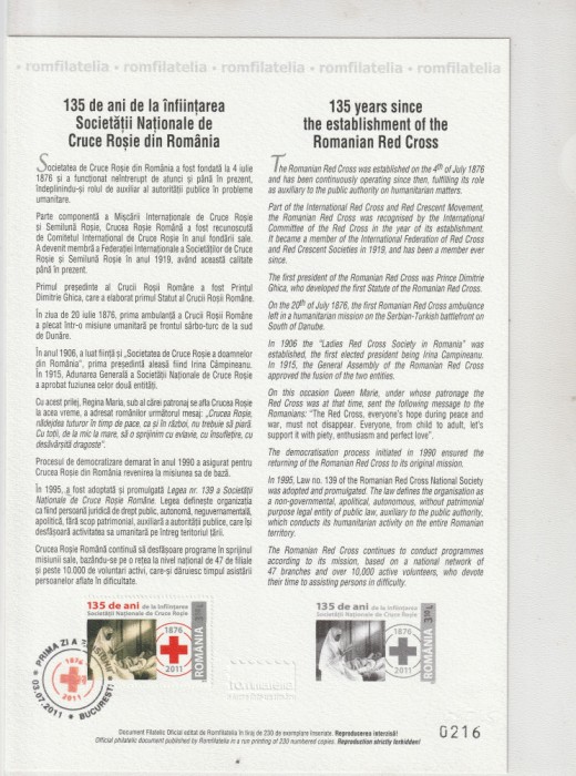 135 de ani Crucea Rosie,carton filatelic,nr lista 1907a , Romania.