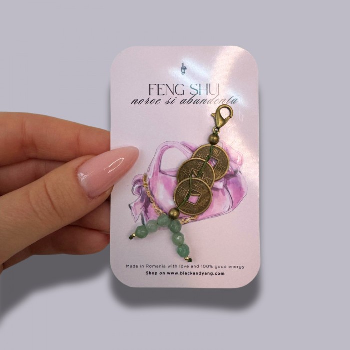 Talisman mic Feng Shui cu monede chinezesti si aventurin verde pentru portofel - Abundenta si noroc