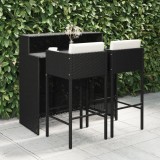 VidaXL Set mobilier bar de grădină cu perne, 3 piese, negru, poliratan