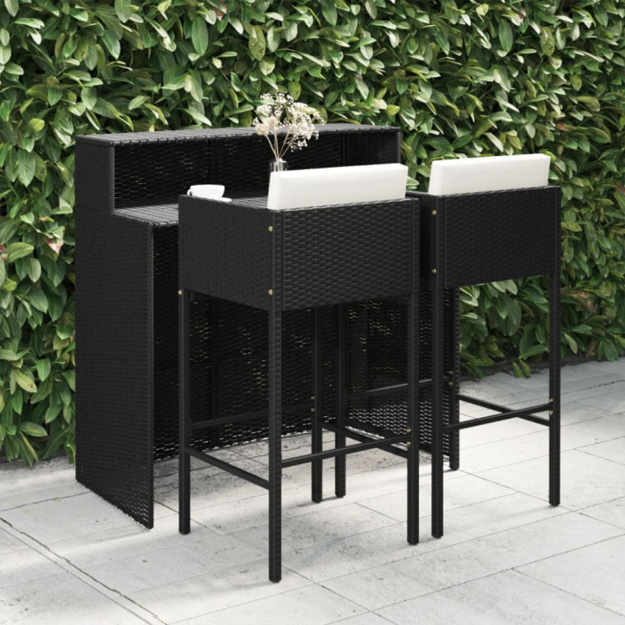 vidaXL Set mobilier bar de grădină cu perne, 3 piese, negru, poliratan